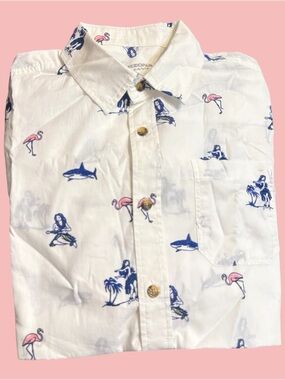 Flamingos Button-down Shirt Med (10-12) Husky Hula Girls and Sharks White